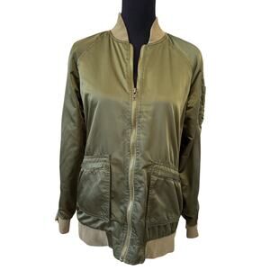 FREE PEOPLE Green Solid Satin Pockets Retro Midnight BOMBER Jacket Size S